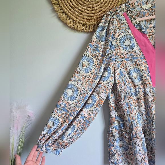 Ott, Blue Pink Boho Floral Relaxed Tiered Blouson Sleeve Tunic Top, Size 2X - Picture 3 of 8